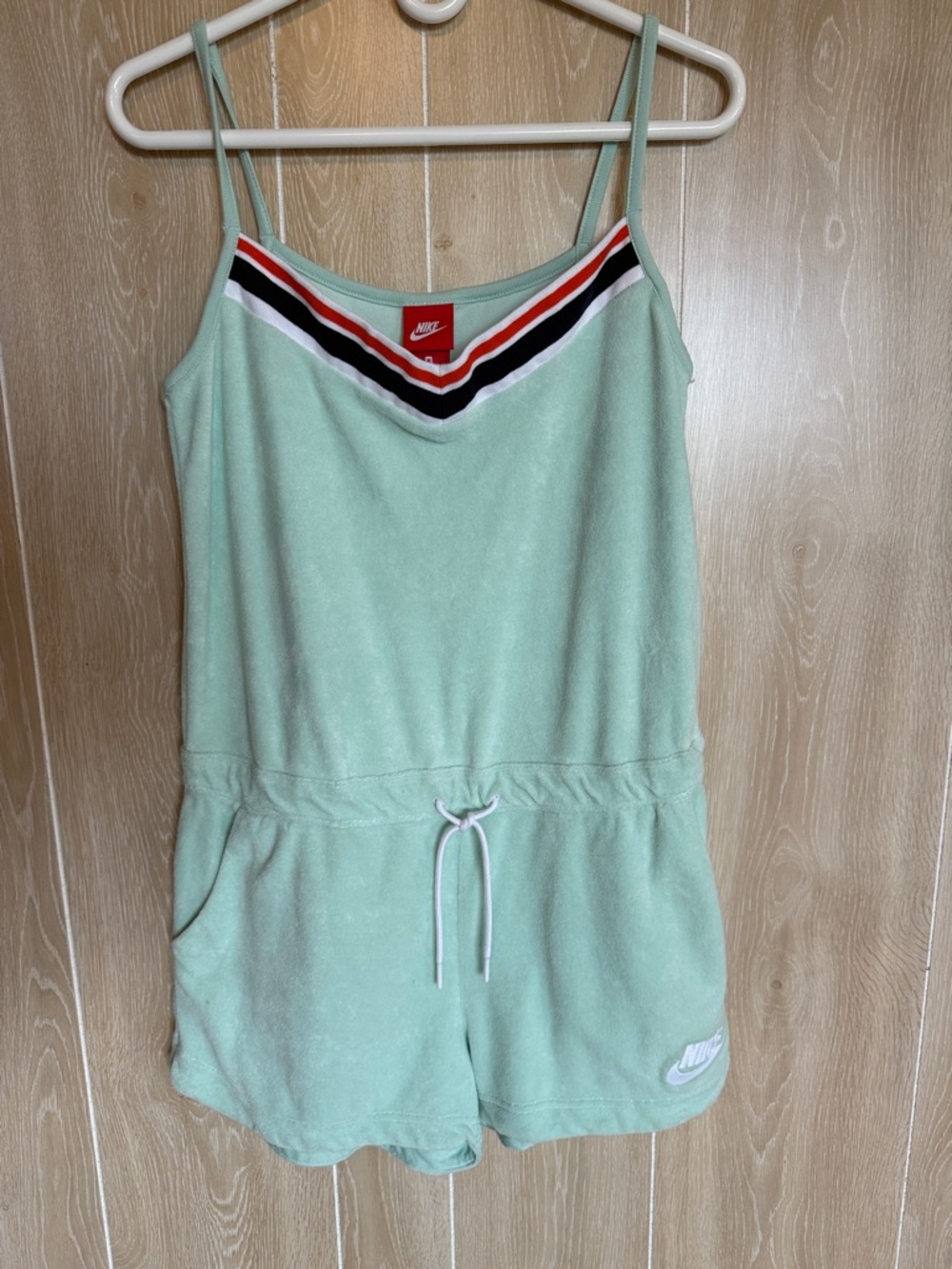 Nike Mint Green Terry Romper with Orange, Black & White Stripe